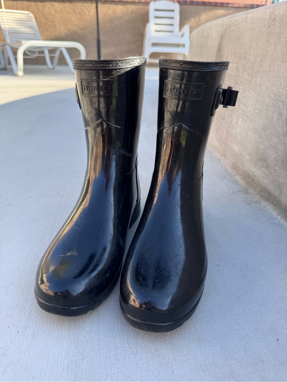 Hunter Womens Black Gloss Rain Boots with Side Buckle size 7/EU 38